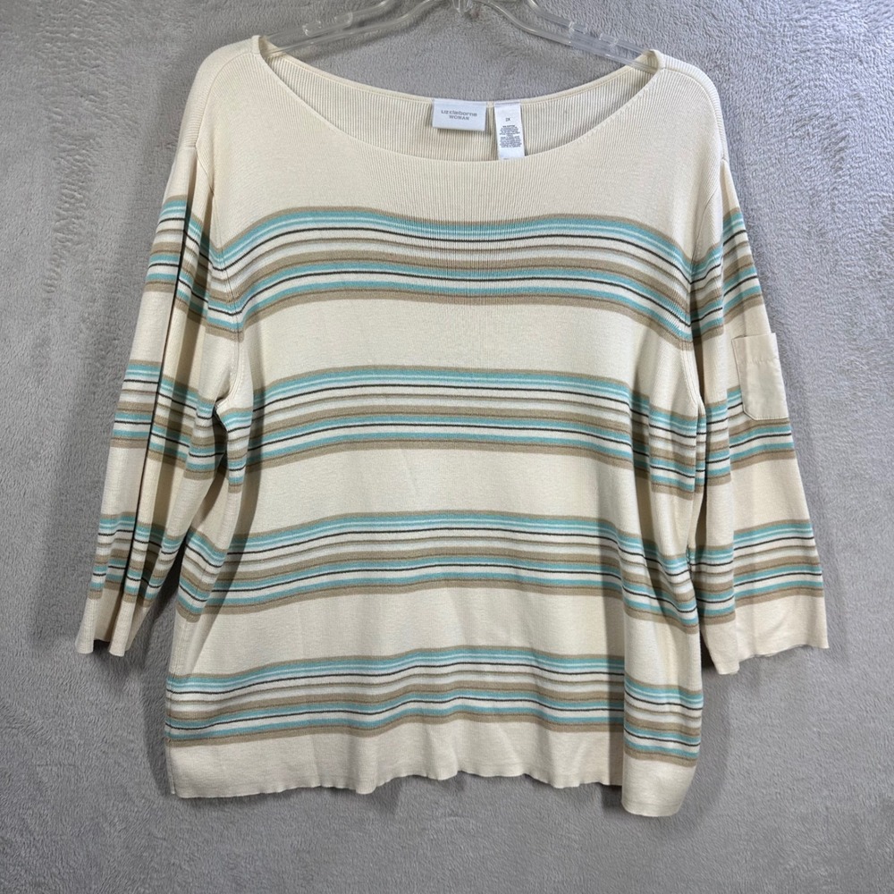 Liz Claiborne Woman Striped Boat Neck Sweater Cream Teal 3/4 Sleeve Plus Size 2X